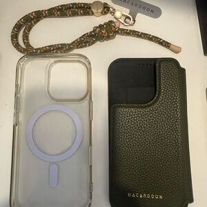 MACARON Olive Green Textured Leather Wallet Case w/Strap -16 pro.MagSafe